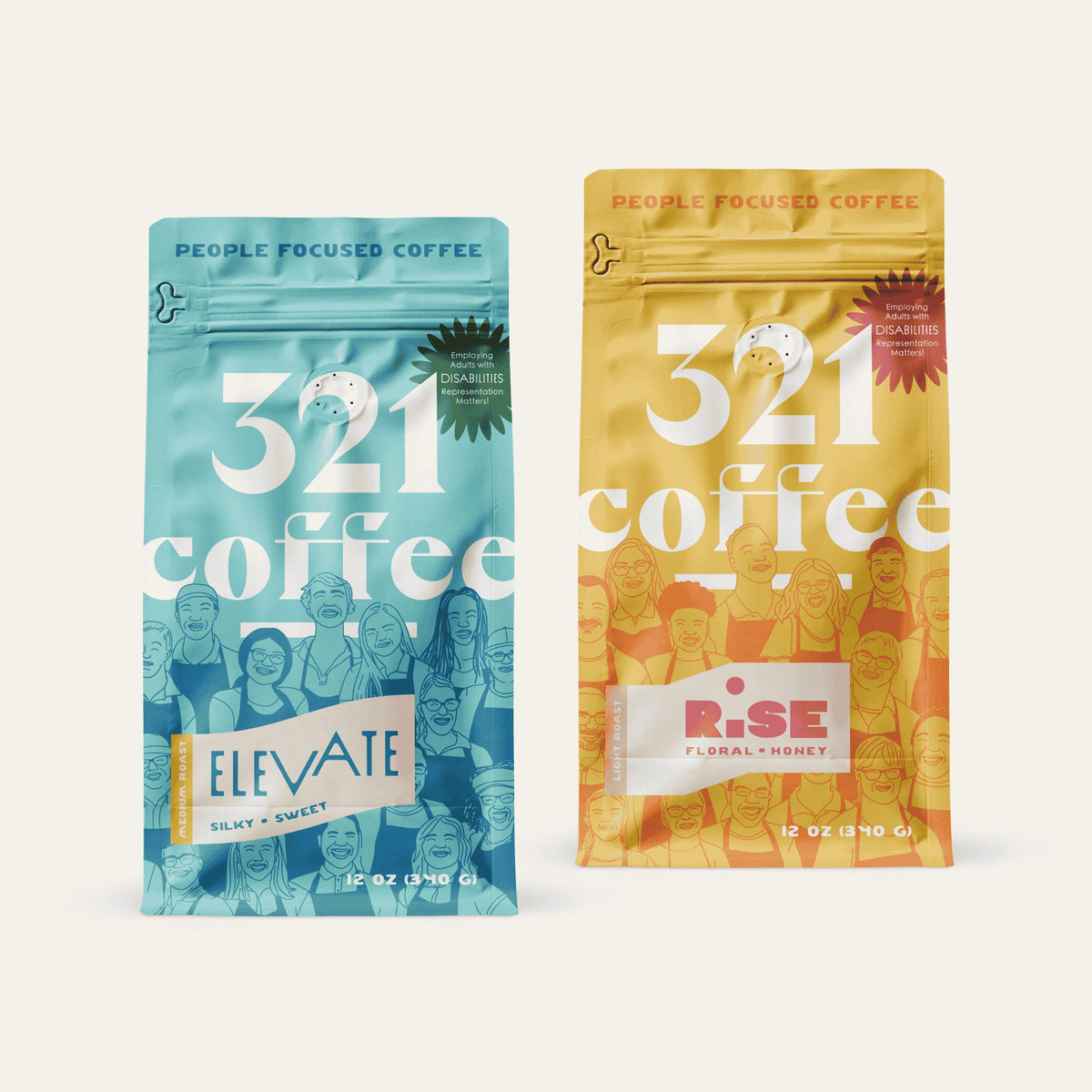 Front view of 321 Coffee's Elevate coffee bag. A blue logo reading "321 Coffee" sits on a teal background. The coffee name, Elevate, and information about the beans are shown on a sticker on the bag.