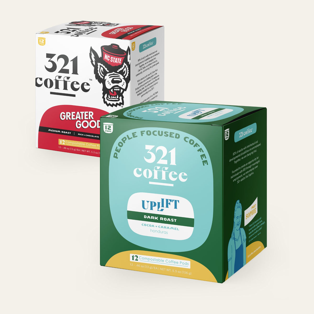 The front view of 321 Coffee's Uplift coffee pods. The back of the box contains information about the coffee.