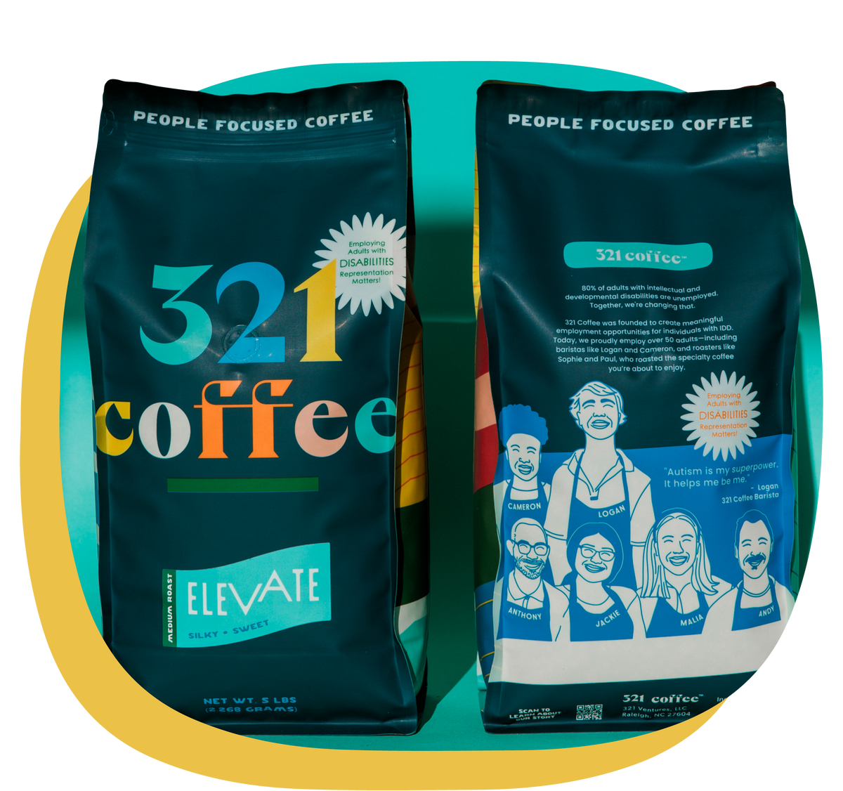The front and back of the five pound bag of coffee is displayed on a teal background. The bag is dark navy with a colorful 321 Coffee logo on the front, and a group of barista sketches featured on the back.