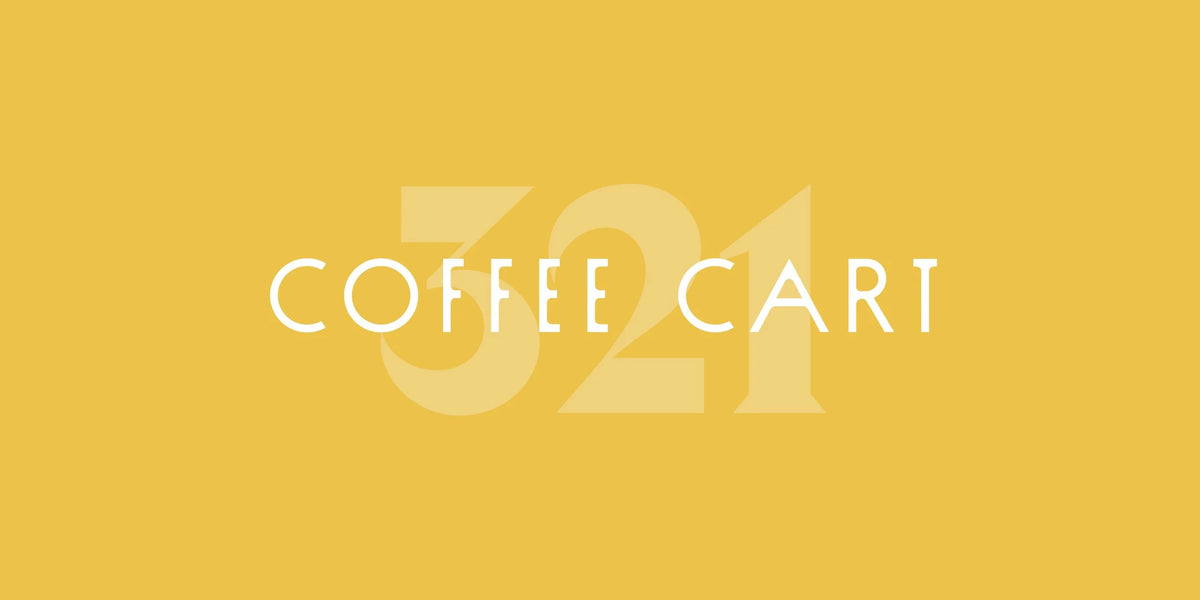The 321 Coffee Cart logo is written in white on a vibrant yellow background.