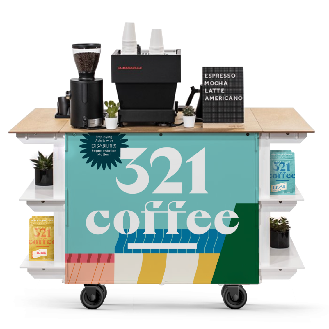 The 321 Coffee Cart features a wooden counter top fully equipped with the espresso bar equipment, and the front features a colorful DNA pattern with a white stacked 321 Coffee logo.