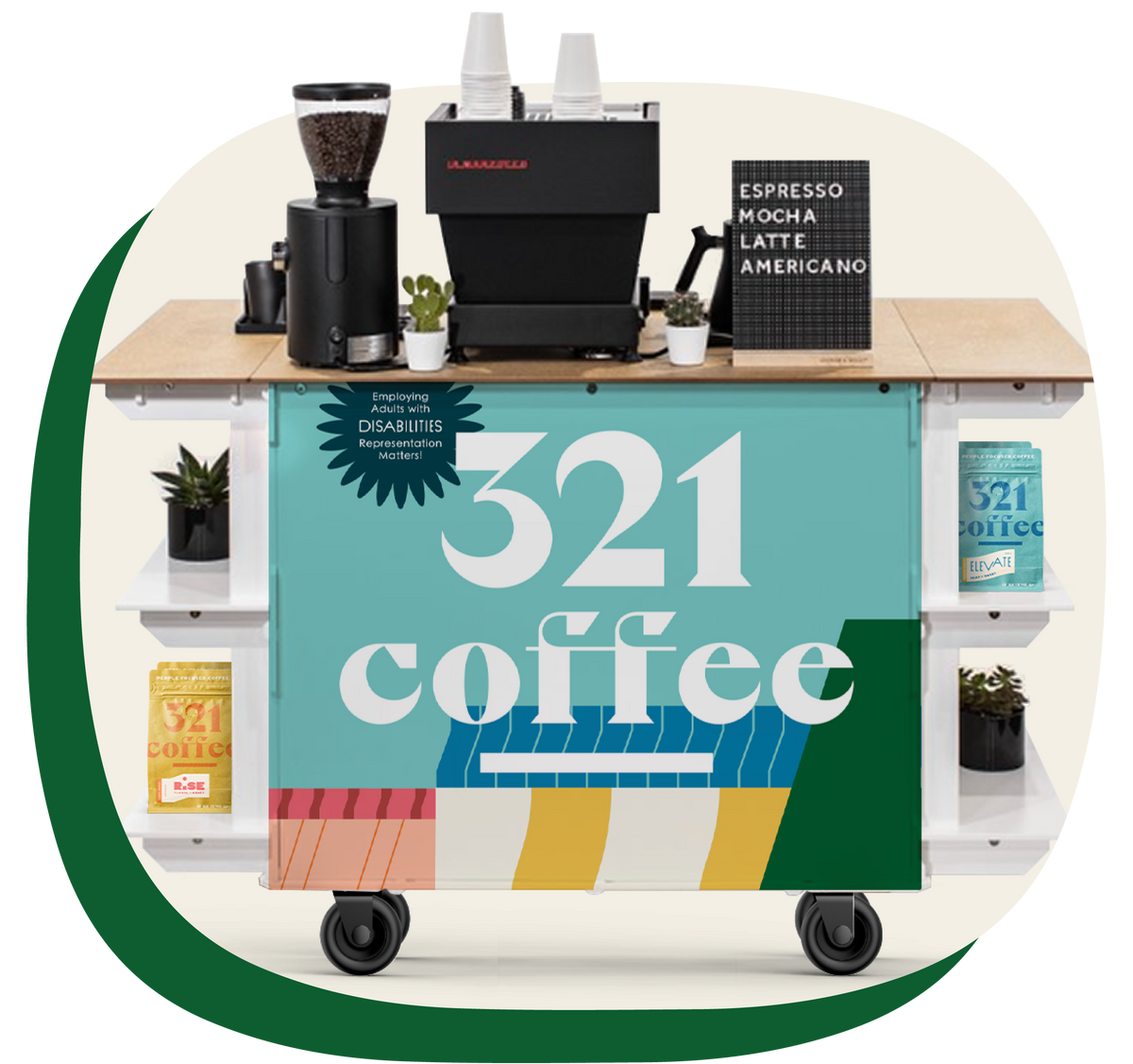 The mobile 321 Coffee Cart features a colorful branded design with the stacked logo on the front, with a fully equipped espresso bar on top of the counter.