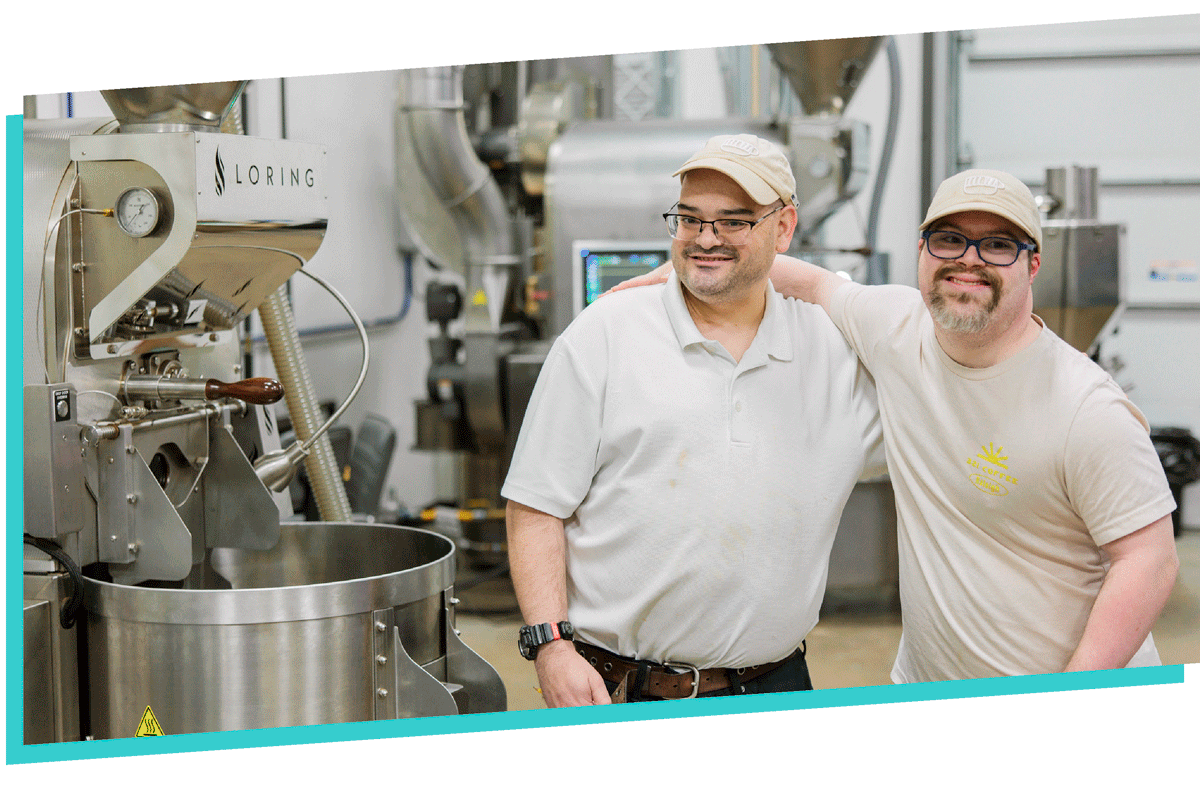 A gif flips between three images. The first image is an up close shot of freshly roasted coffee beans. The second image is a wide shot of the 321 Coffee Roastery, showing large roasting equipment in a white warehouse with concrete floors. The third image shows two male team members on the 321 Coffee roasting team posing for a photo next to a silver Loring roasting machine inside the warehouse.