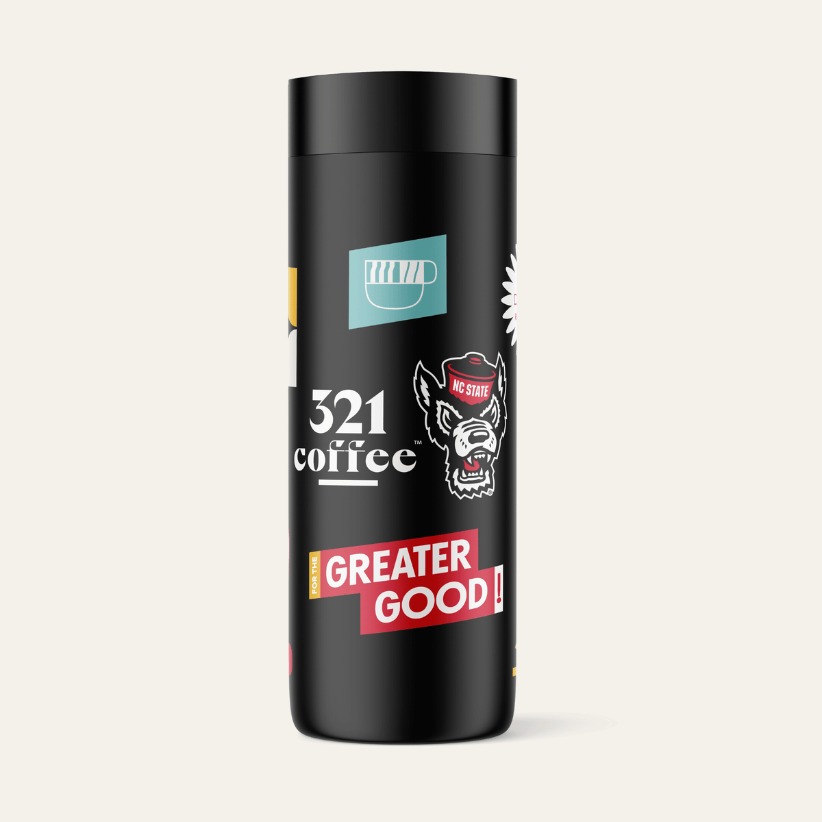 The front view of 321 Coffee's co-branded NC State tumbler. The tumbler is black and contains elements of 321 Coffee branding and NC State's branding.