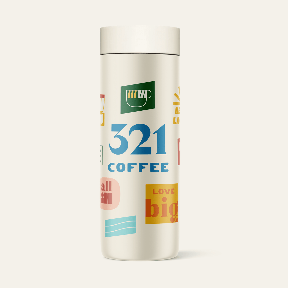 The front view of 321 Coffee's tumbler. The tumbler is beige and contains elements of 321 Coffee branding, such as sayings like "Rise Up" and "Love Big". The branding is very colorful.