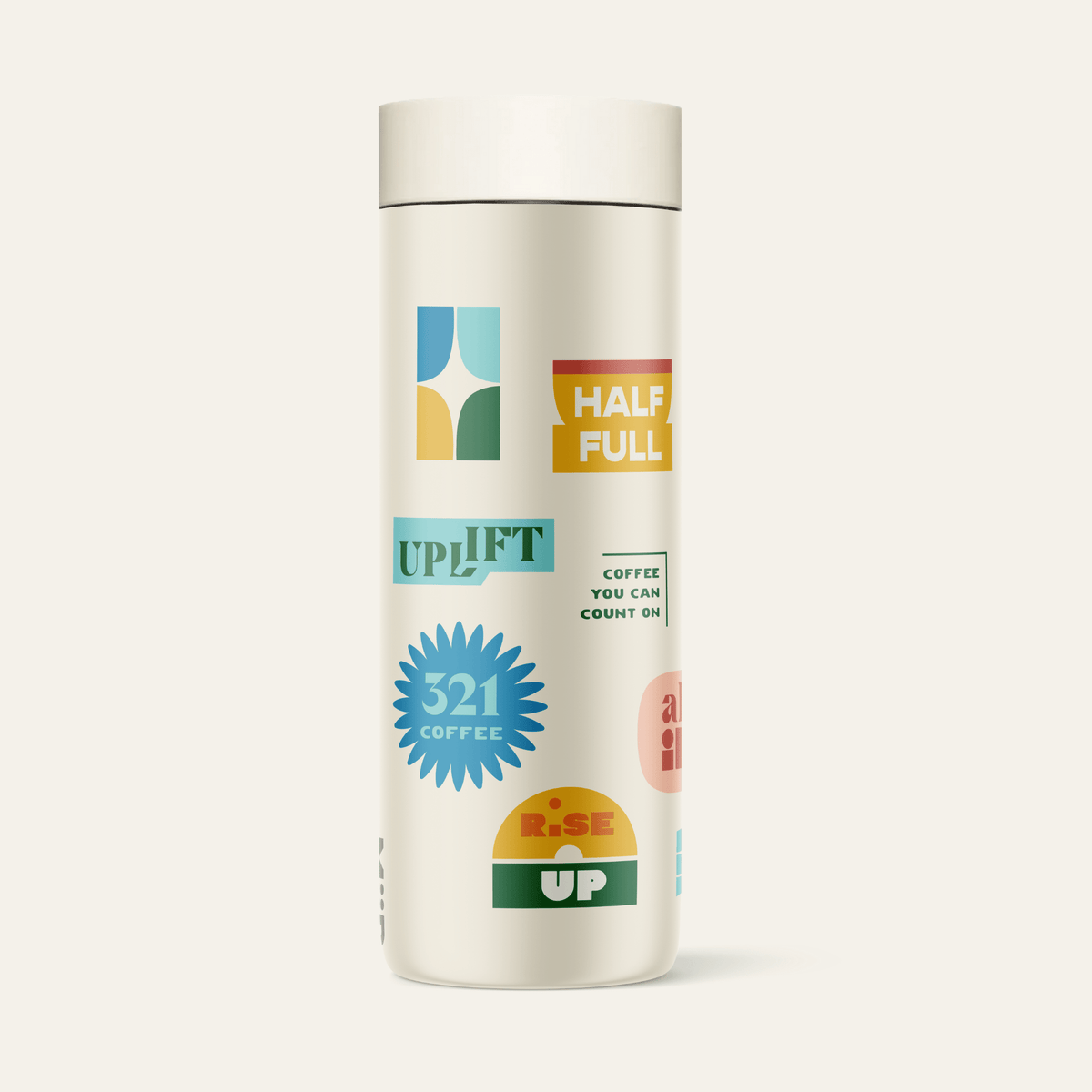 The left side view of 321 Coffee's tumbler. The tumbler is beige and contains elements of 321 Coffee branding, such as sayings like "Rise Up" and "Love Big". The branding is very colorful.
