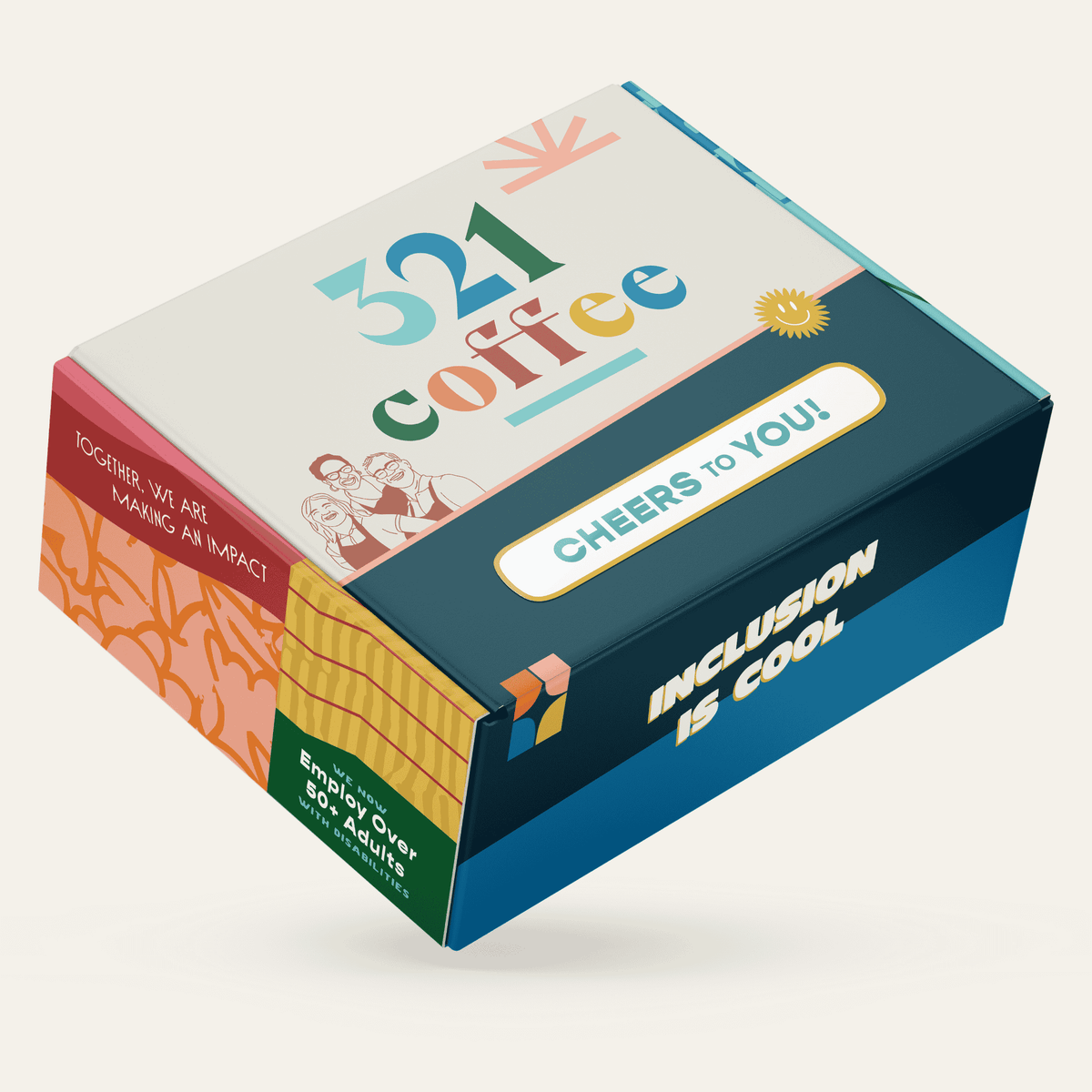 A gift box with colorful sketches of 321 Coffee baristas, "321 Coffee" written on the top, and "Cheers to You" written on the bottom of the box.