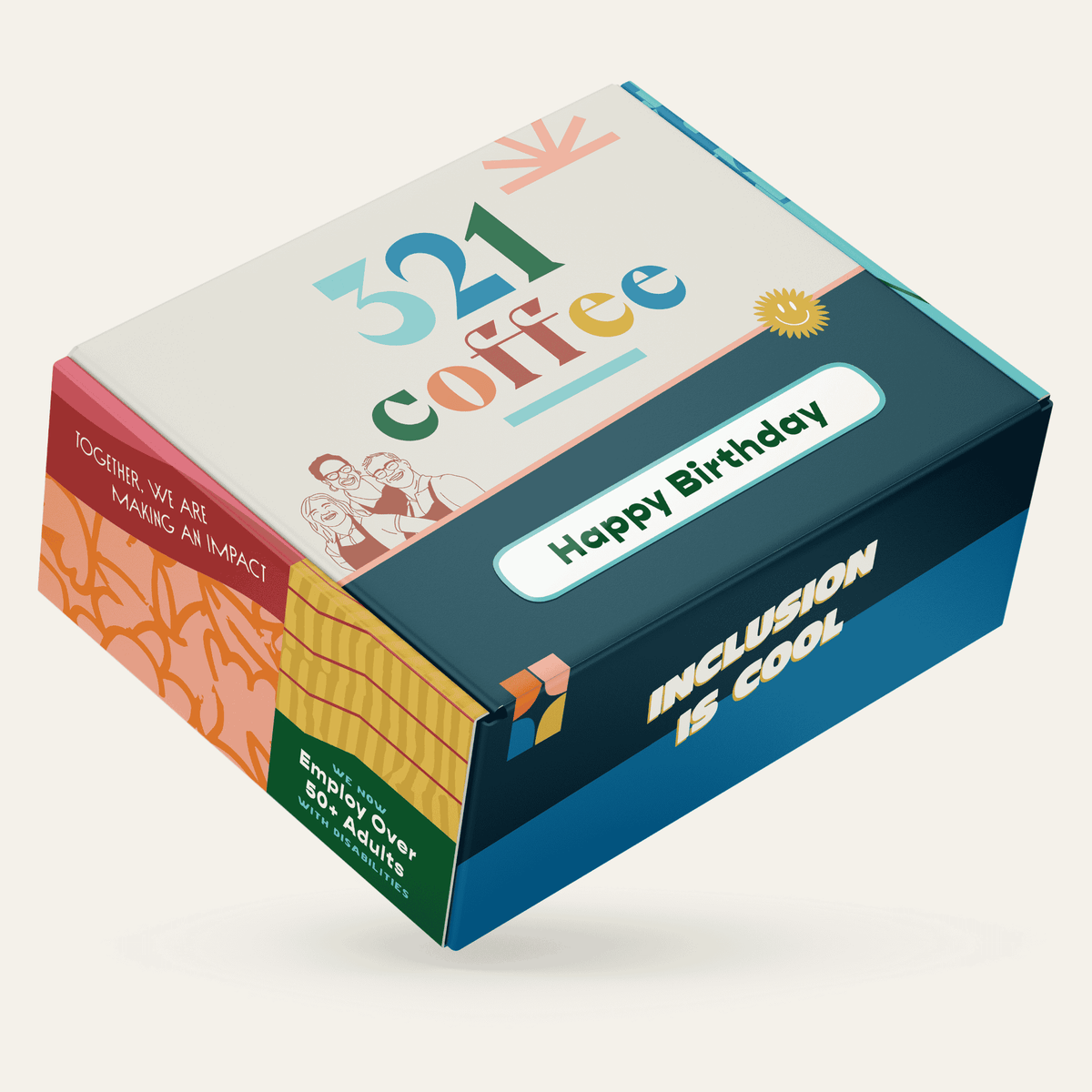 A gift box with colorful sketches of 321 Coffee baristas, "321 Coffee" written on the top, and "Happy Birthday" written on the bottom of the box.