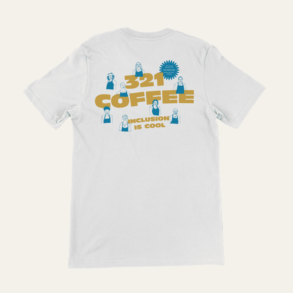 White t-shirt reading "321 Coffee Inclusion is Cool" in yellow text. Blue sketches of 321 staff are scattered around the design.