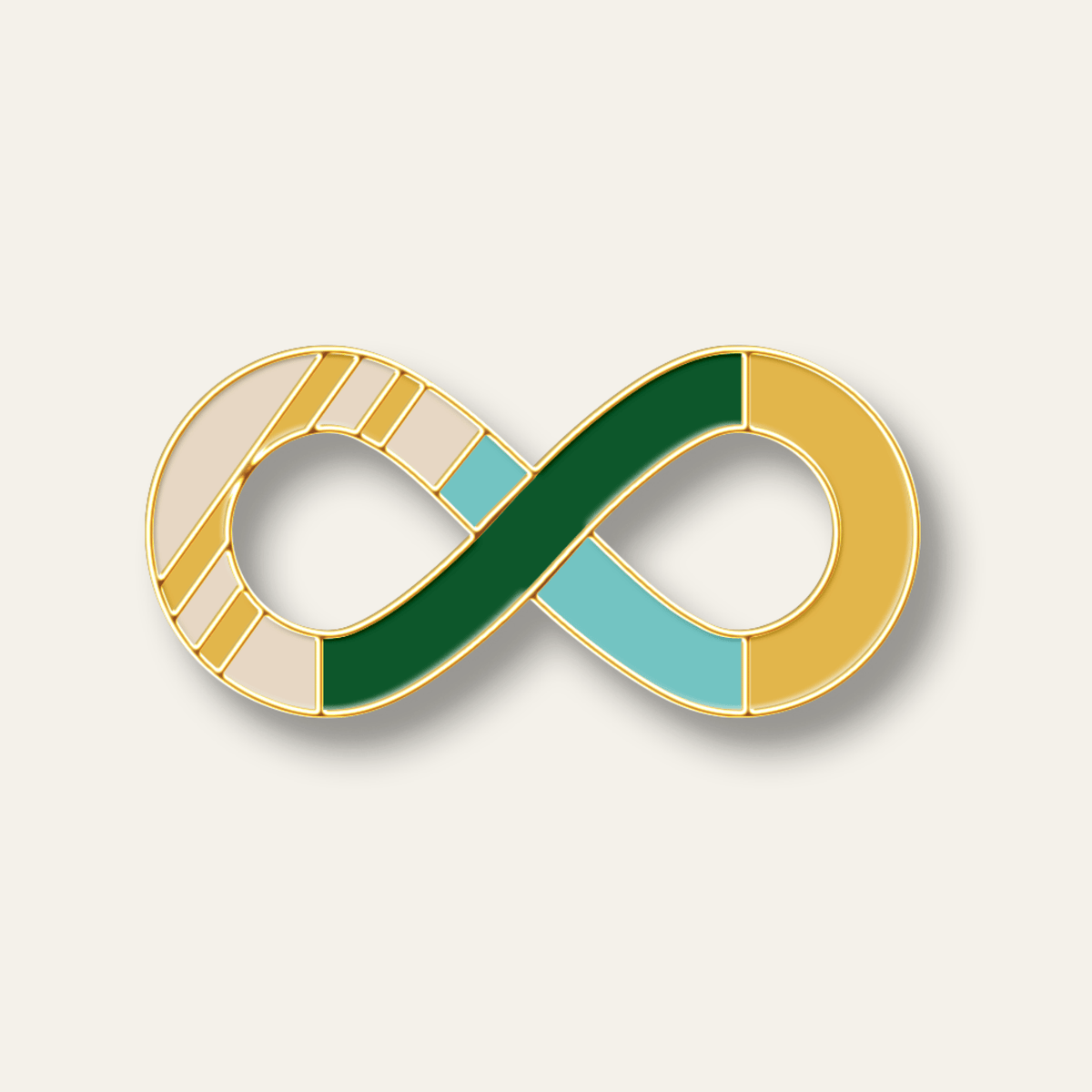 An enamel pin in the shape of an infinity with blue, green, yellow, and beige colors throughout.