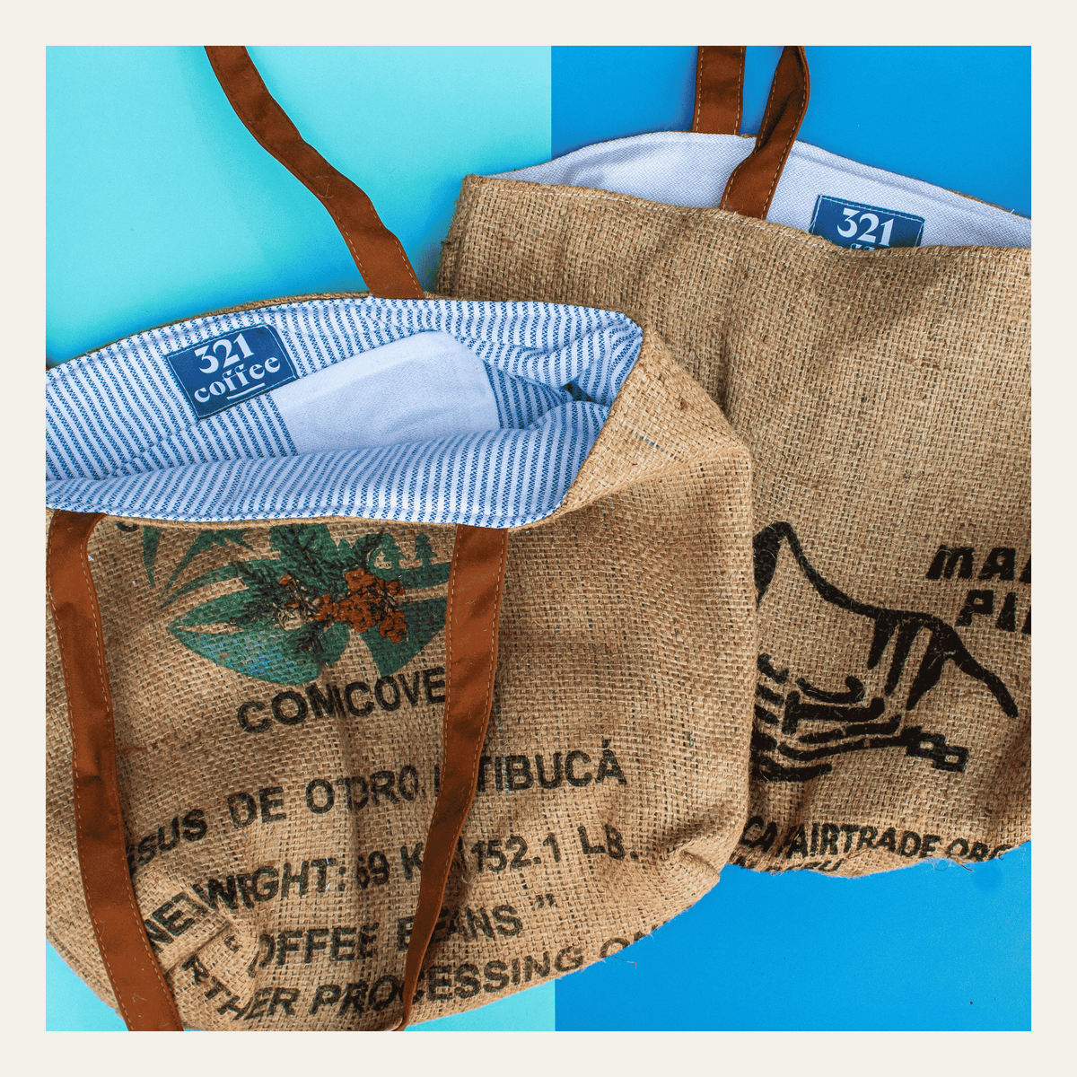 2 burlap tote bags made from coffee burlap are shown on a blue and light blue background.