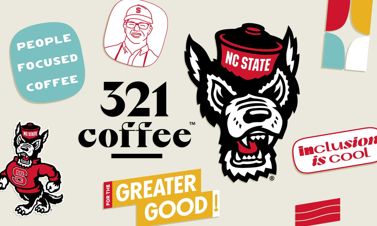 A collage of NC State and 321 Coffee icons and badges is scattered across a tan background. The badges include a 321 Coffee logo, the Mr. Tuffy wolf logo, and taglines "inclusion is cool" and "for the greater good!"