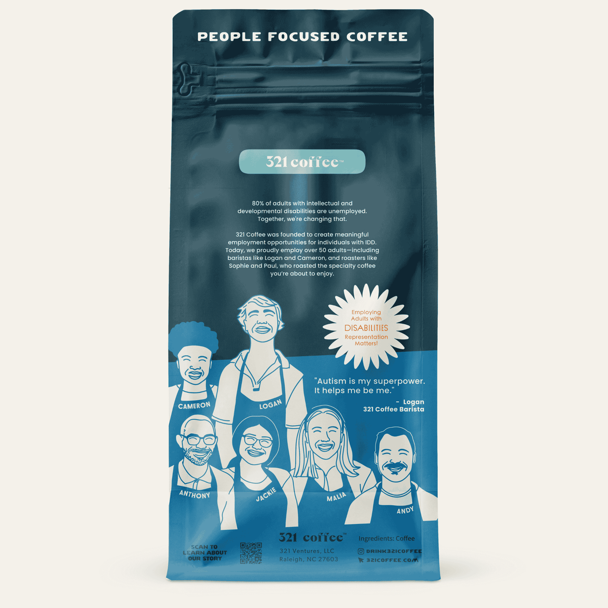 A navy blue bag with text explaining the mission of 321 Coffee. Below that, 6 employees from 321 are sketched smiling. 