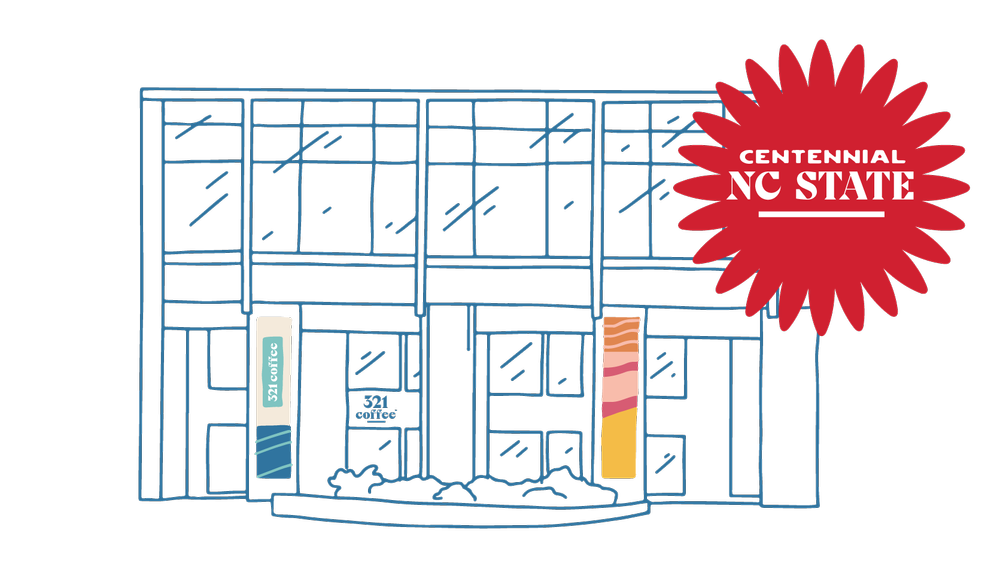 A navy sketch of the NC State Centennial shop is paired with a red burst with white text that says NC State Centennial.