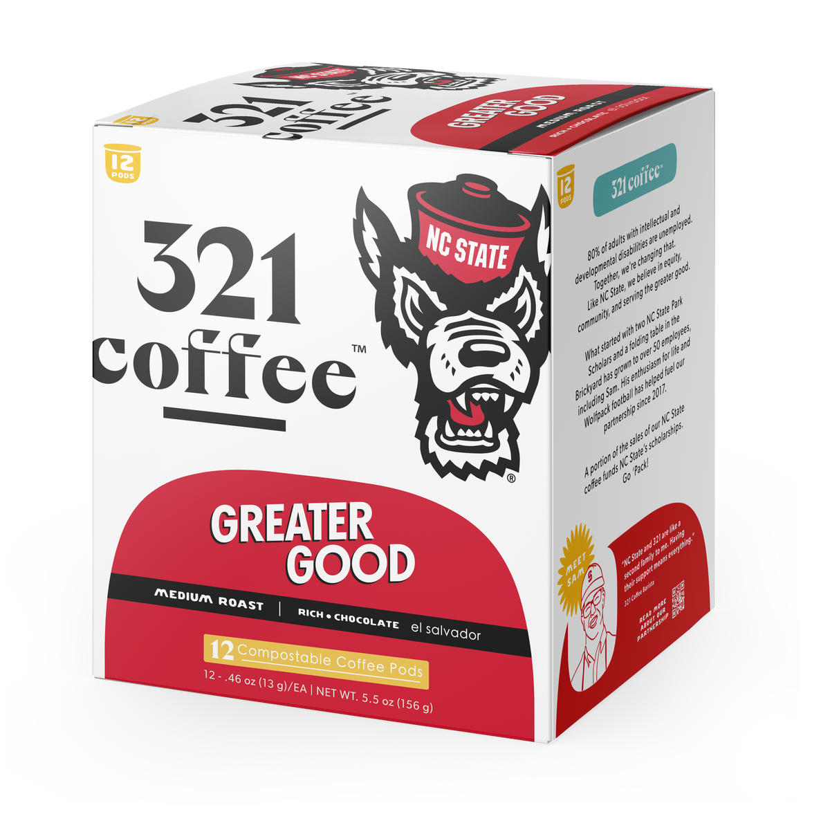 Rendering of the Greater Good coffee pods packaging. The box is white with red and black accents, including an NC State Mr. Wuf head on the front of the box.