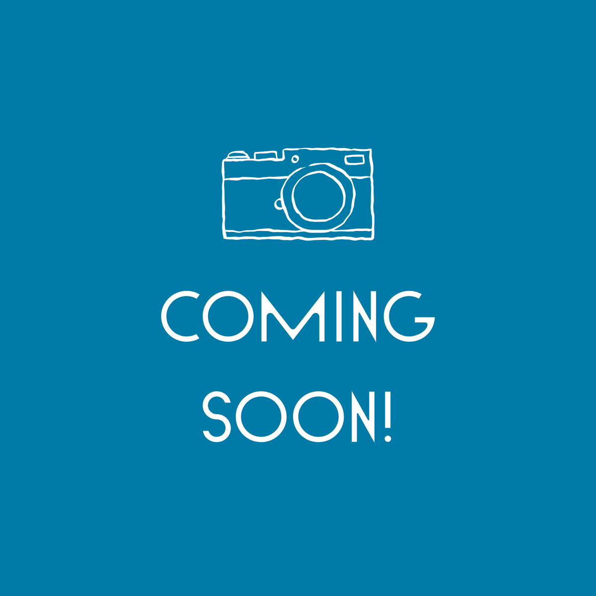 Blue background with white sketch of a camera and white text that says "coming soon!"