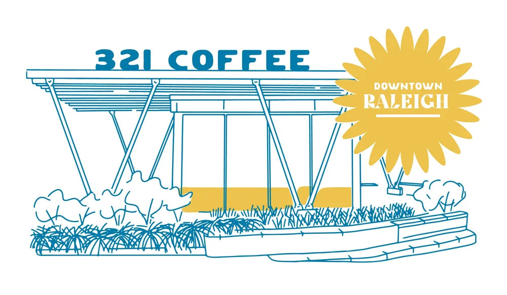 A navy sketch of the Downtown Raleigh shop is paired with a yellow burst with white text that says Downtown Raleigh.