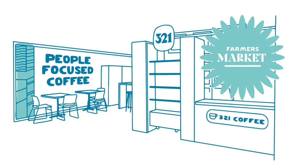 A navy sketch of the Farmers Market shop is paired with a teal burst with white text that says Farmers Market.
