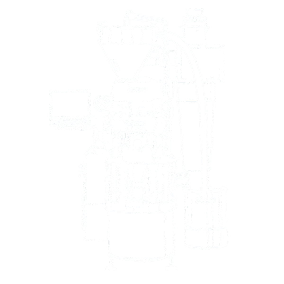 A white artistic line sketch of a Loring coffee roasting machine is displayed on a transparent background.