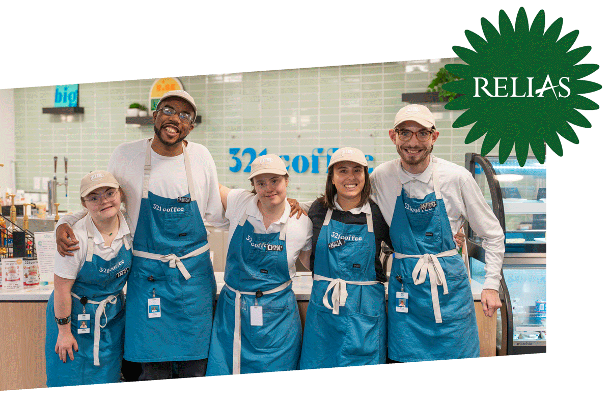 a gif flips between an image of the 321 Coffee Pendo in office cafe with a pink burst containing the Pendo logo, and an image of the 321 Coffee Relias in office cafe with a green burst containing the Relias logo.