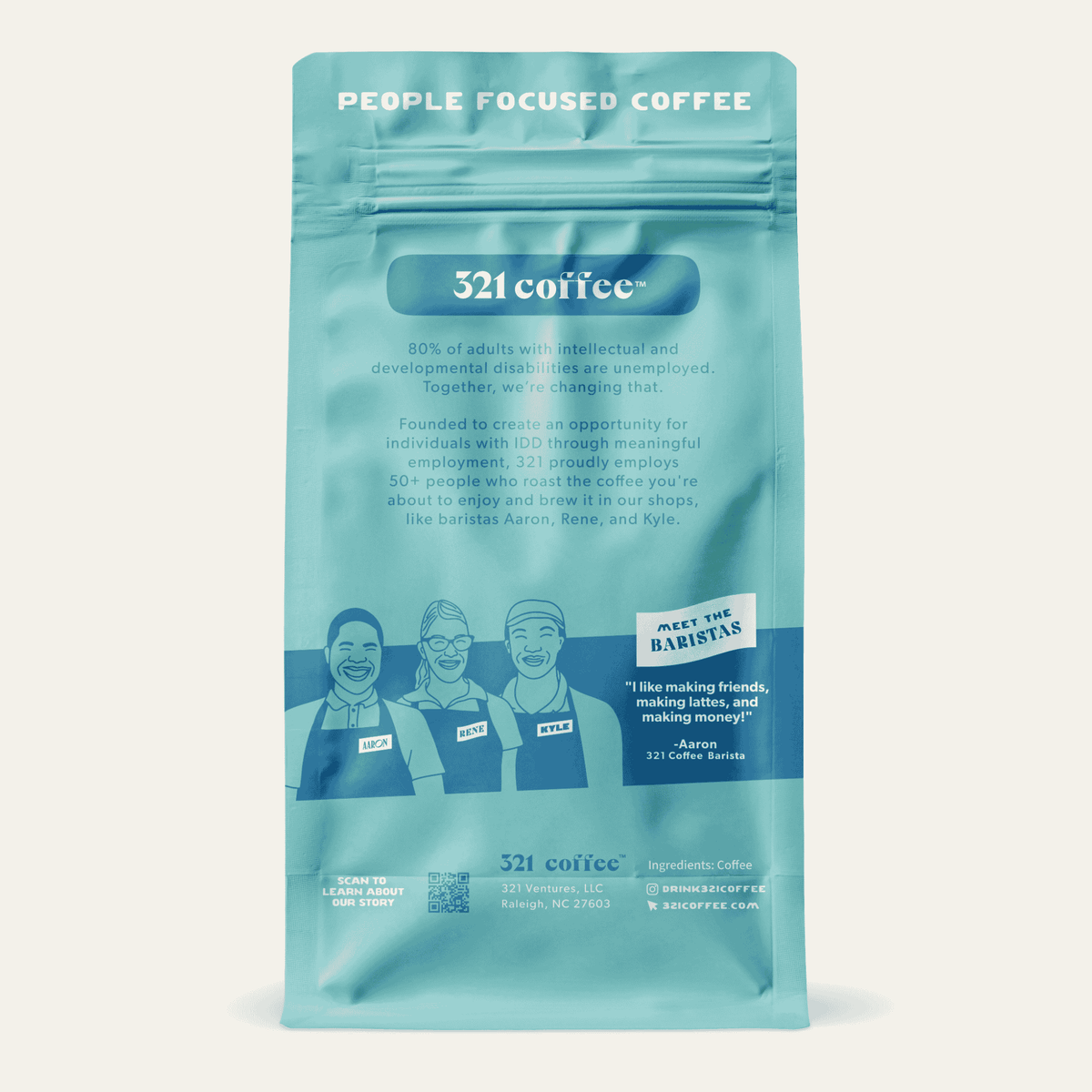 Back view of 321 Coffee’s Elevate coffee bag. The back of the bag is blue and contains information about the company and a quote from 321 Coffee barista, Aaron.