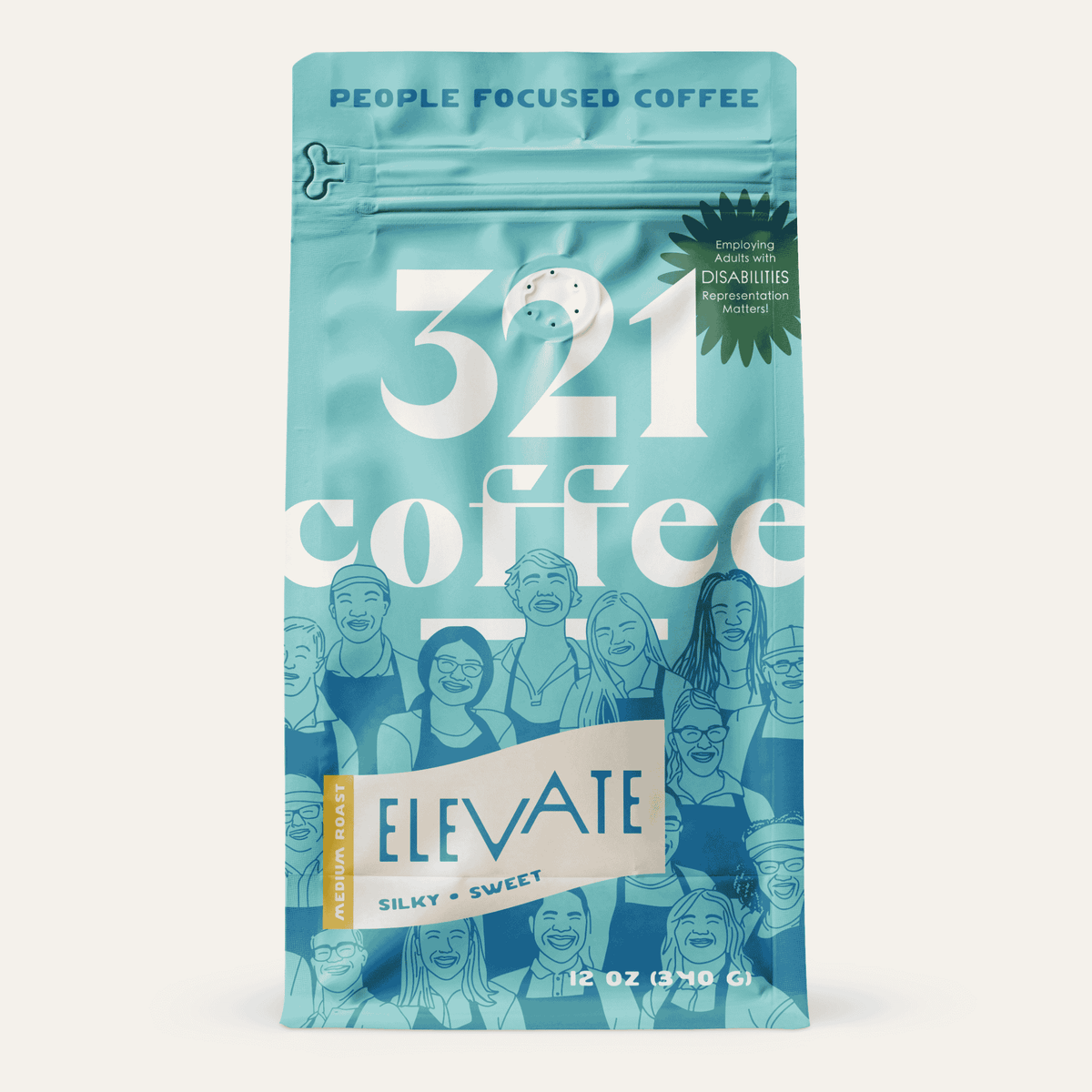 A teal-colored coffee bag with the text "321 coffee" in large white letters. Above the text, it says "People Focused Coffee" in dark blue. There is a green starburst label that reads "Employing adults with disabilities. Representation matters." Below, there is a badge for "Elevate". The background features illustrations of smiling people.