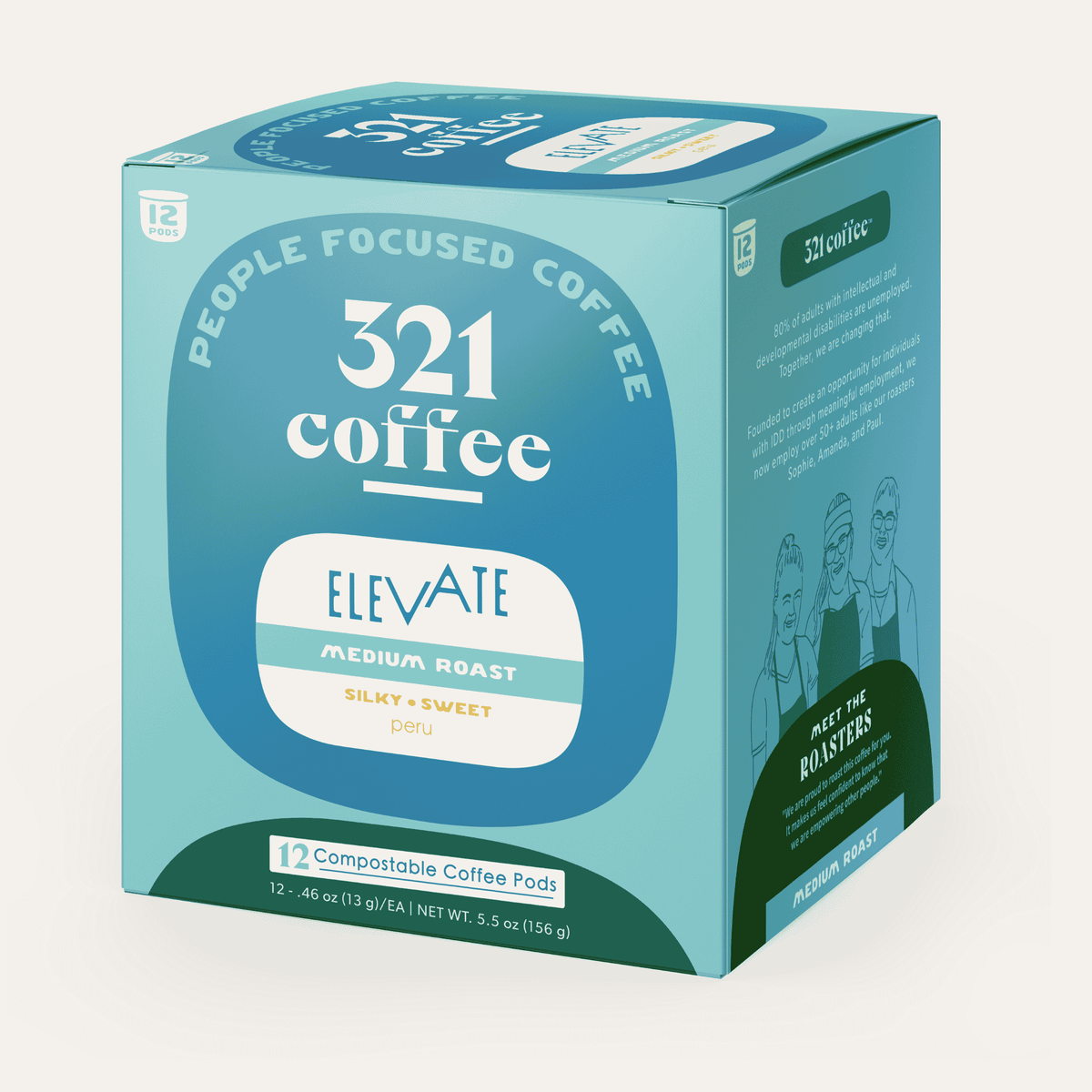 A 3D box of 321 Coffee's Elevate coffee pods. The box is blue with elements of 321 Coffee's branding.