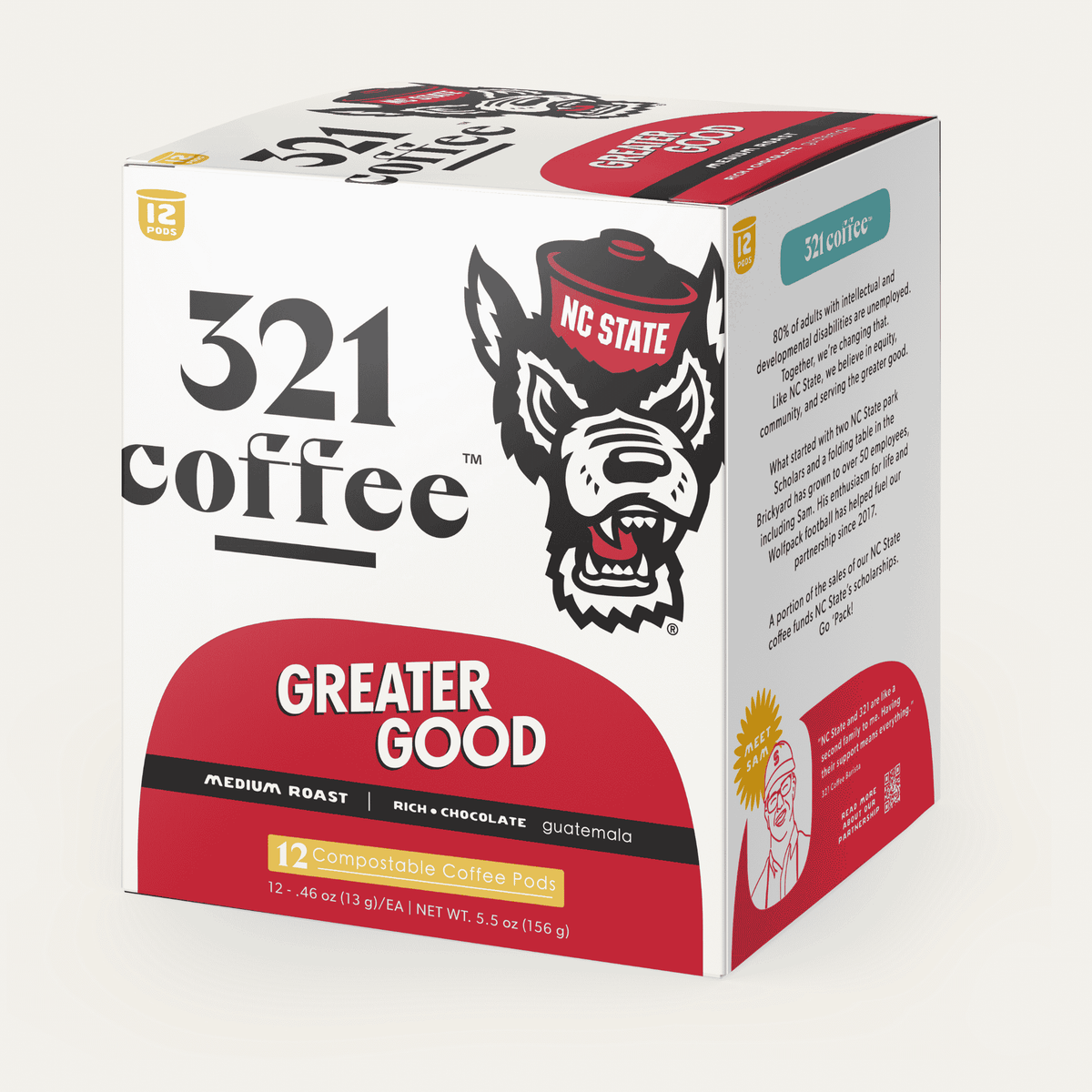 A 3D box of 321 Coffee's Greater Good coffee pods. The box is white with elements of 321 Coffee and NC State's branding.
