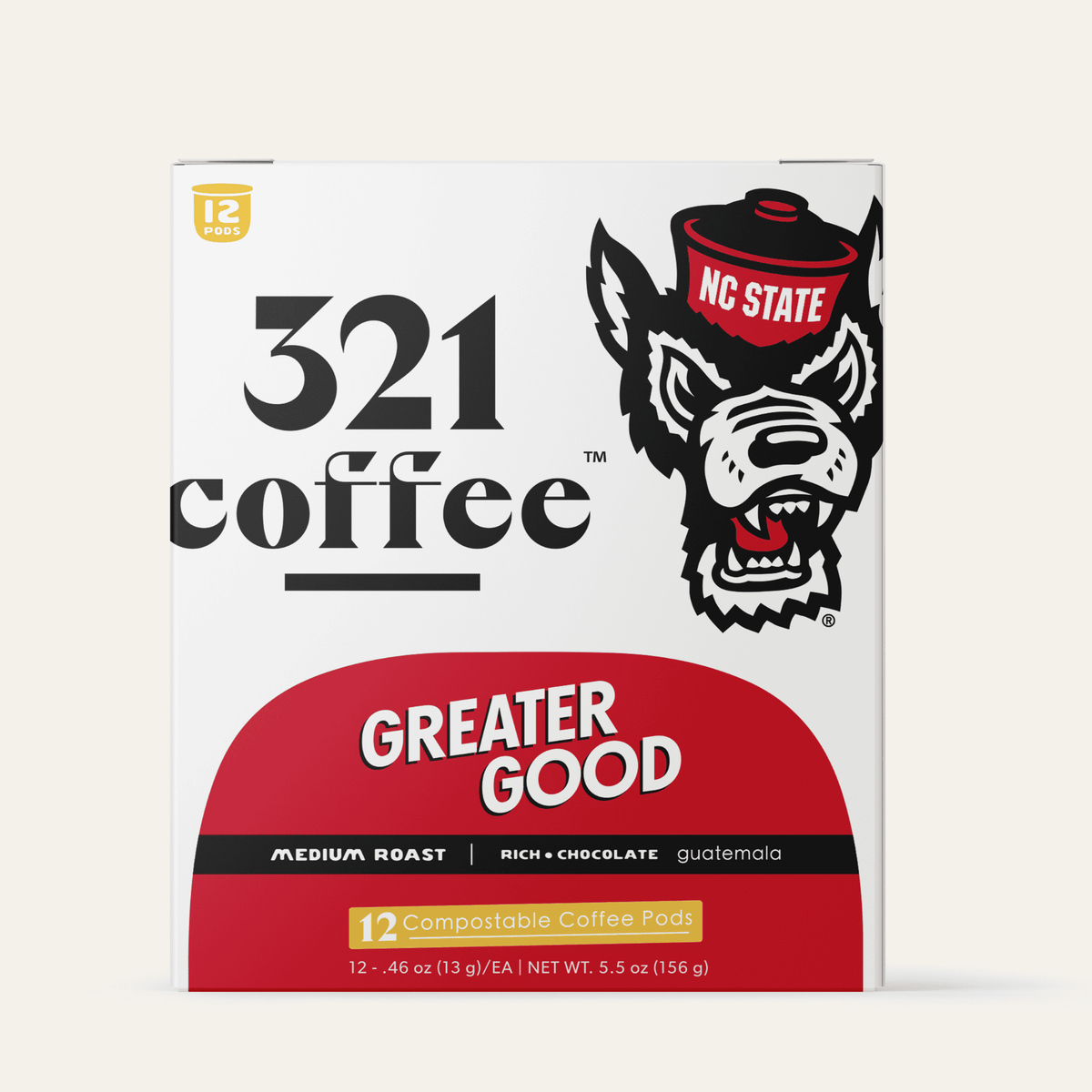 The front view of 321 Coffee's Greater Good coffee pods. The front of the box contains information about the coffee.