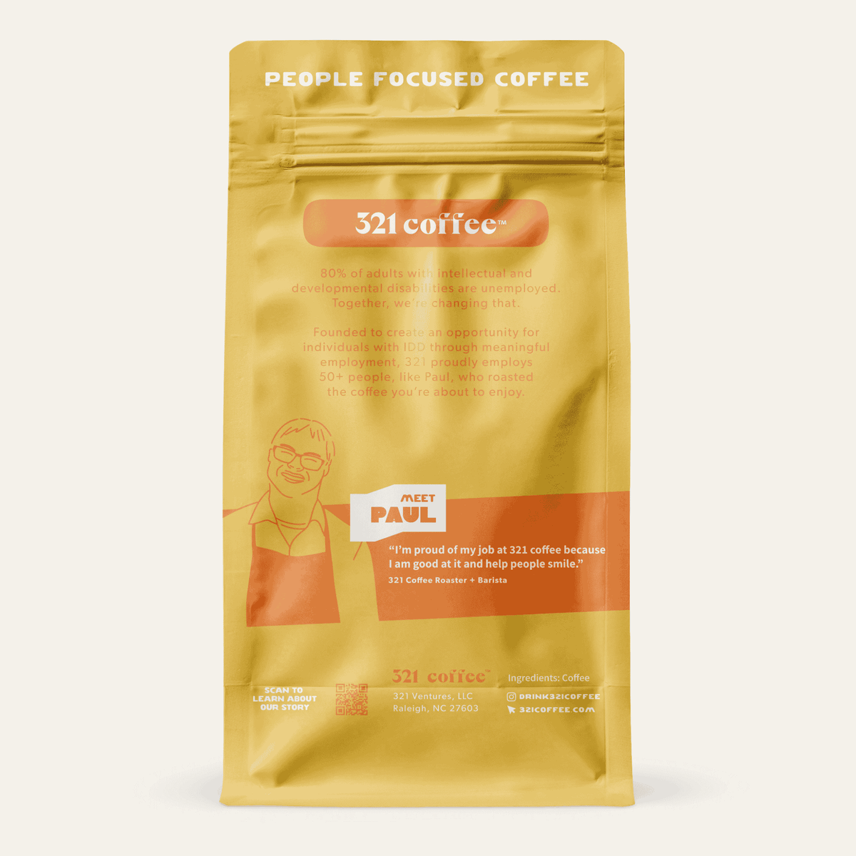 Back view of 321 Coffee’s Rise coffee bag. The back of the bag is yellow and contains information about the company and a quote from 321 Coffee roaster and barista, Paul.