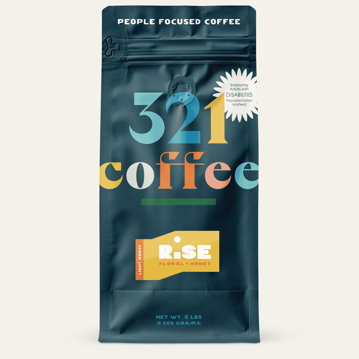 A navy blue bag with "321 Coffee" written in colorful letters. Below that, the blend name, Rise, is written on a yellow background.