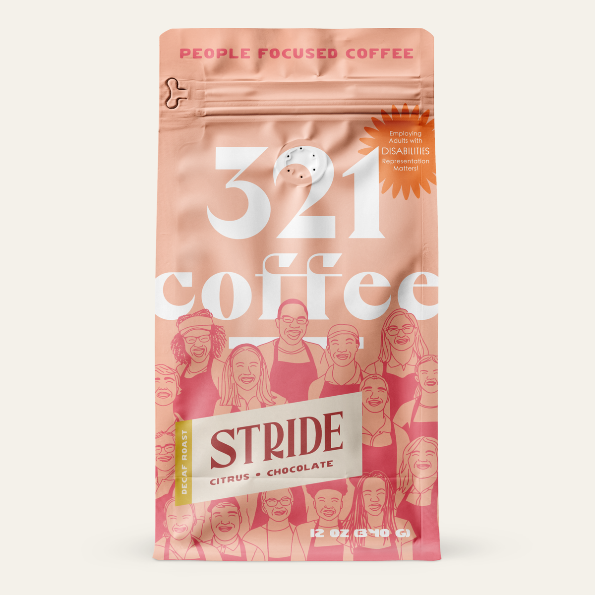 A pink-colored coffee bag with the text "321 coffee" in large white letters. Above the text, it says "People Focused Coffee" in dark pink. There is an orange starburst label that reads "Employing adults with disabilities. Representation matters." Below, there is a badge for "Stride". The background features illustrations of smiling people.