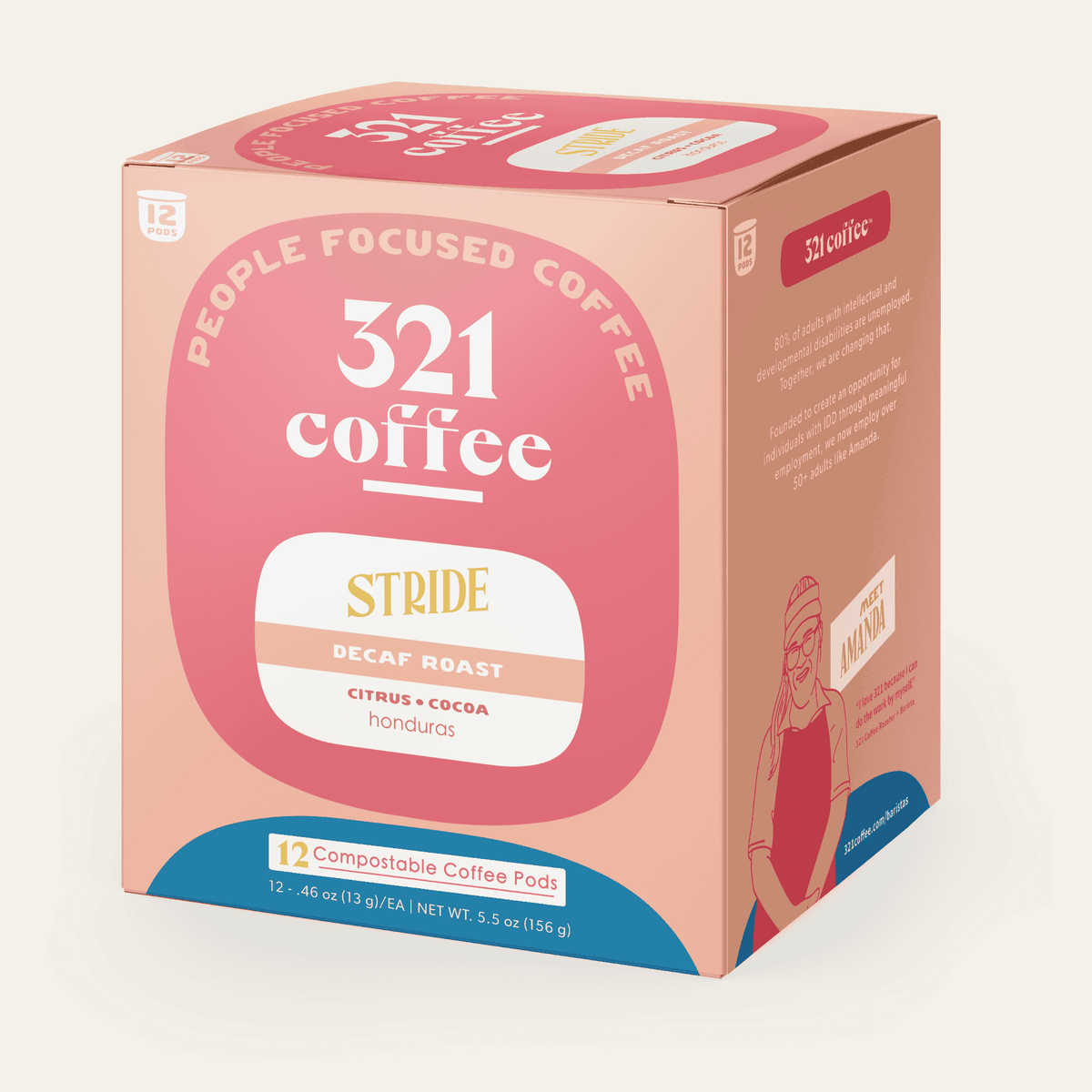 A 3D box of 321 Coffee's Stride coffee pods. The box is pink with elements of 321 Coffee's branding.