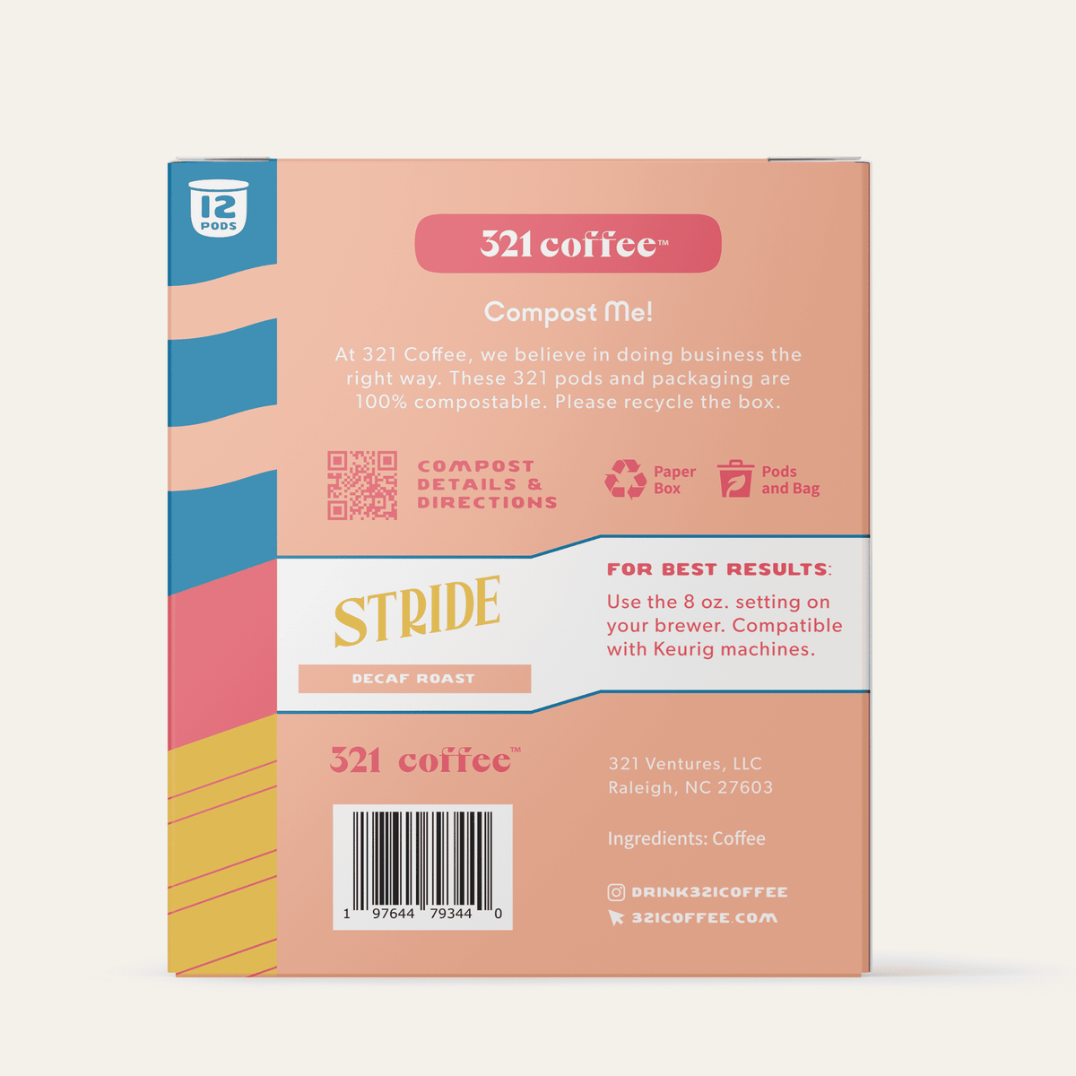 The back view of 321 Coffee's Stride coffee pods. The back of the box contains information about the coffee pods being compostable.