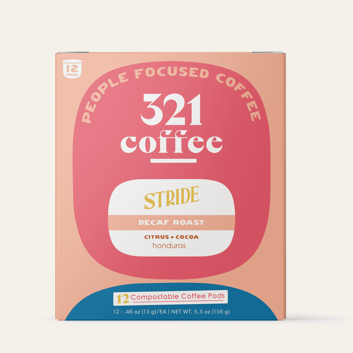 The front view of 321 Coffee's Stride coffee pods. The front of the box contains information about the coffee.