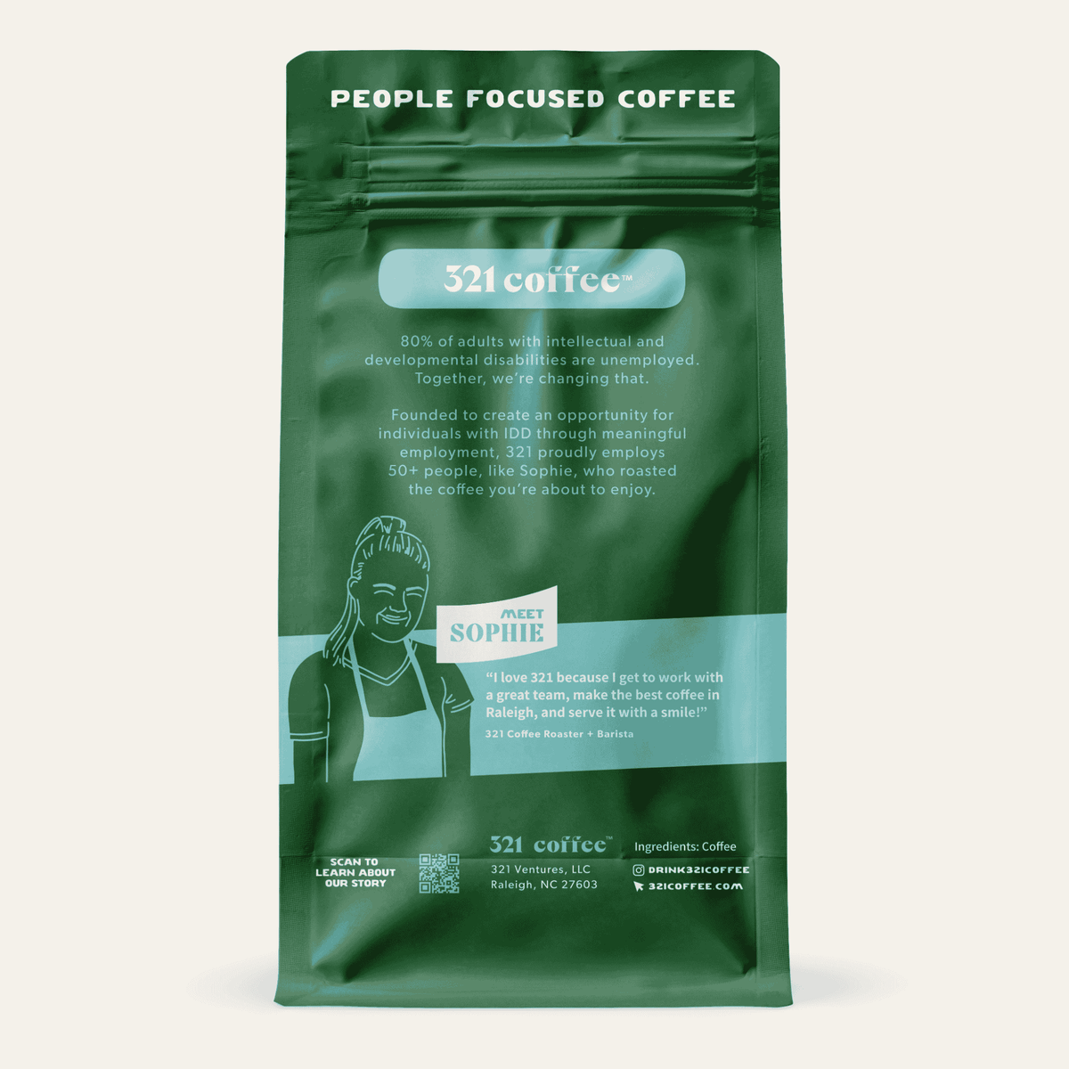 Back view of 321 Coffee’s Uplift coffee bag. The back of the bag is green and contains information about the company and a quote from 321 Coffee roaster and barista, Sophie.