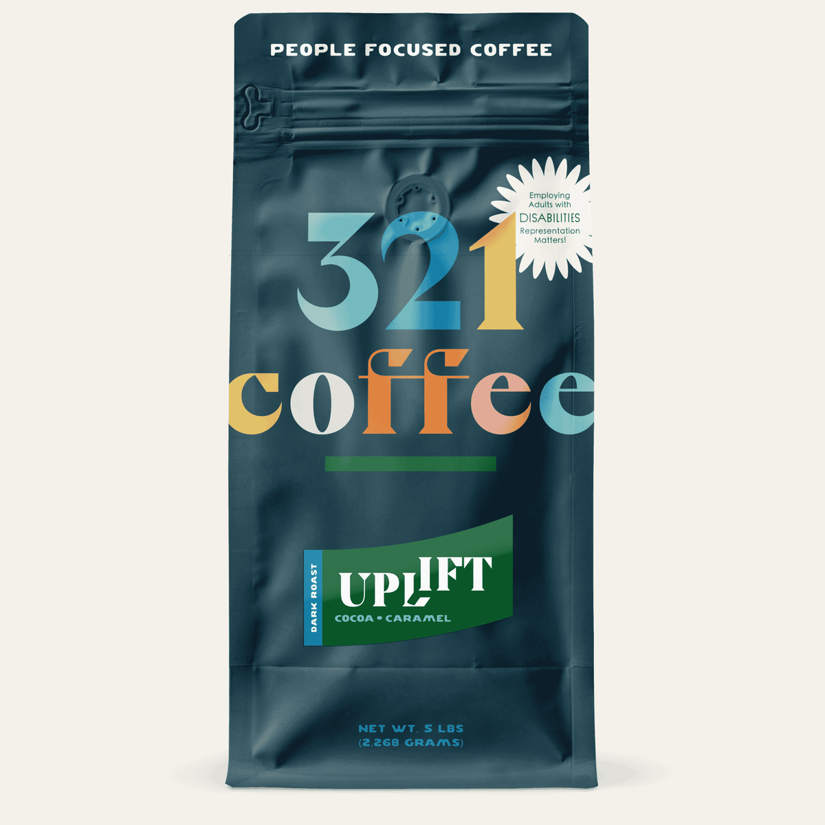 A navy blue bag with "321 Coffee" written in colorful letters. Below that, the blend name, Uplift, is written on a green background.