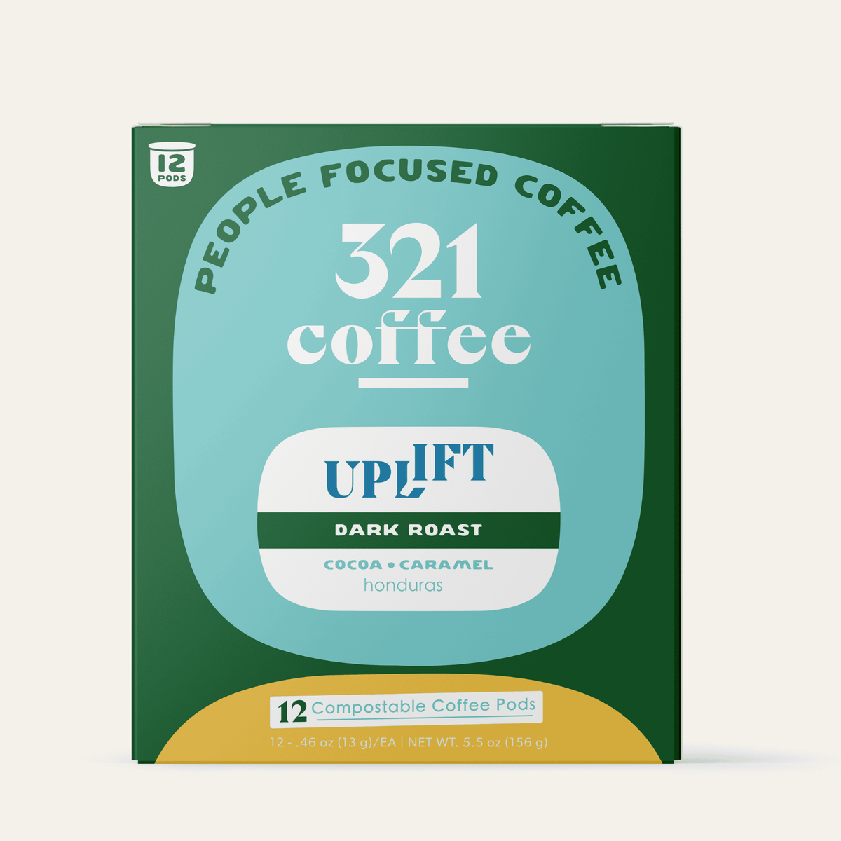 The front view of 321 Coffee's Uplift coffee pods. The front of the box contains information about the coffee.